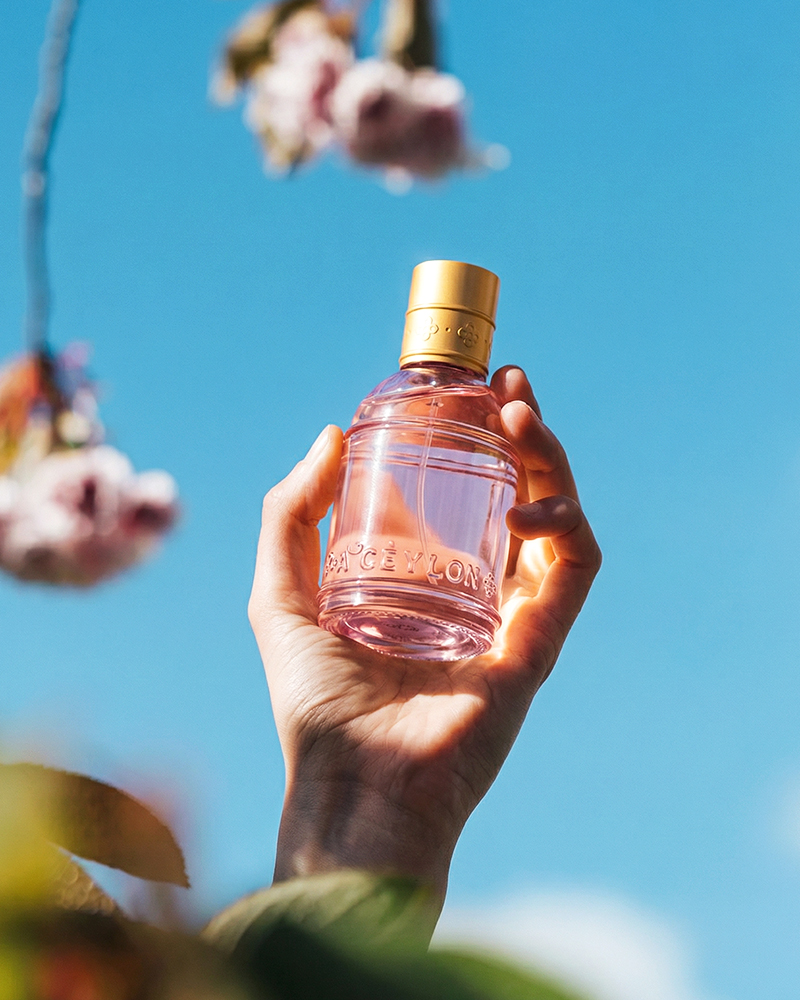 Hand holding a Spa Ceylon fragrance bottle against a blue sky