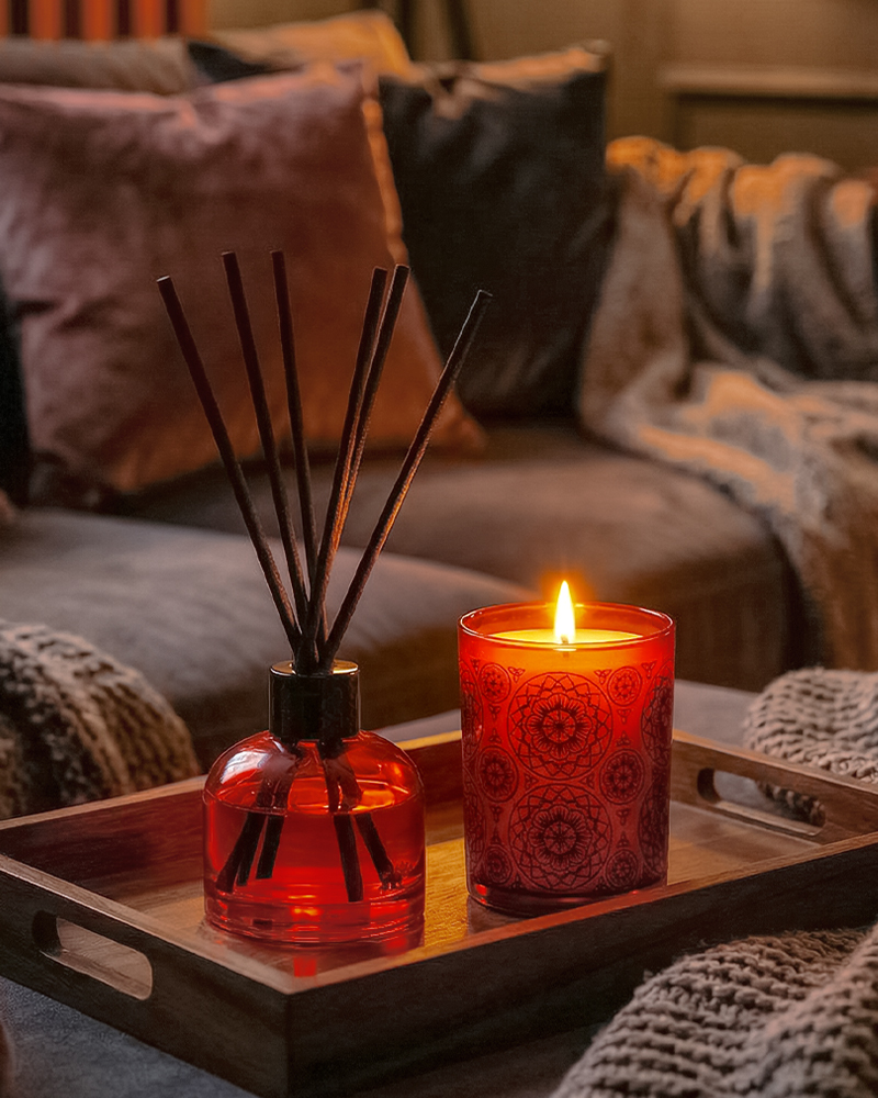 Spa Ceylon home diffuser and candle on a wooden tray